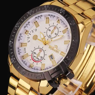 Quartz Watch Top Luxury Mens Black Dial Gold Stainless Steel Date Military Army Clock Analog Relogio Masculino 6