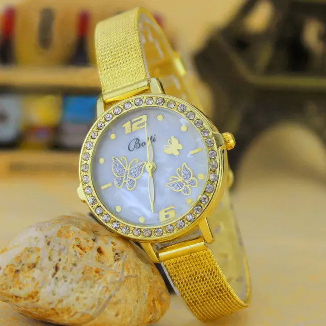 Quartz Watches Casual Watch Ladies Reloj Mujer Montre Women Gold Fine Belt Diamond Butterfly Wrist Watch 2