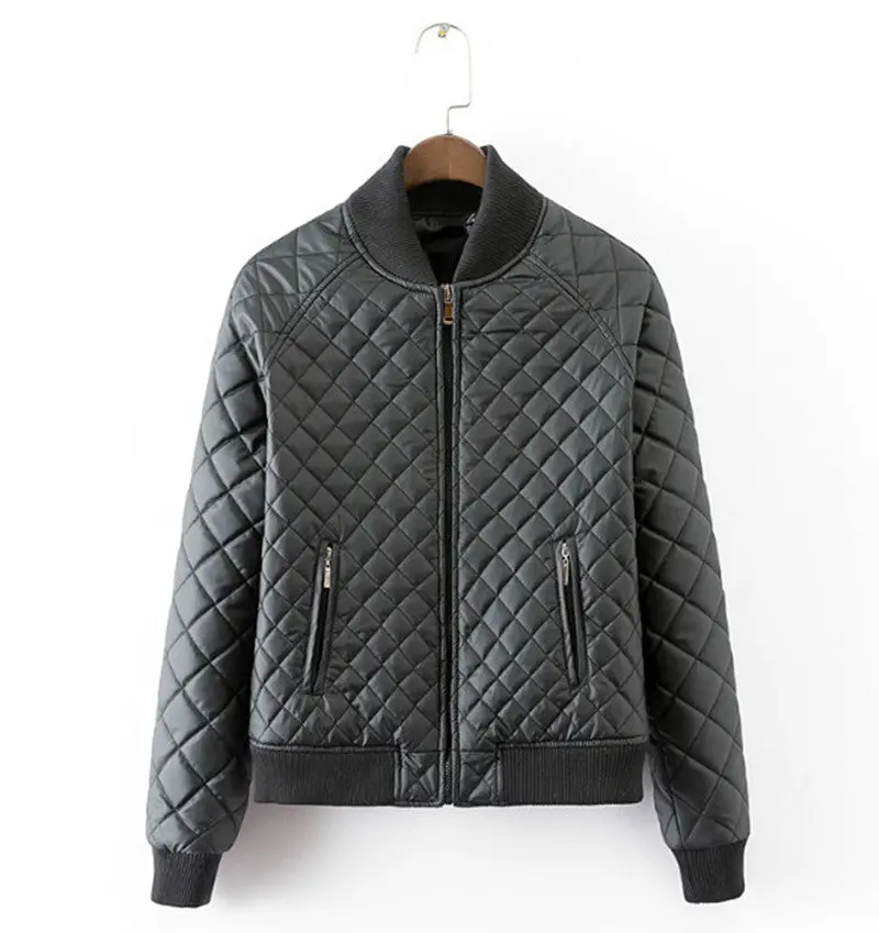 Quilting Plaid Bomber Quilted Jacket Zipper Pockets Long Sleeve Thick Padded Short Coat Pilots Outwear Tops Black White 1
