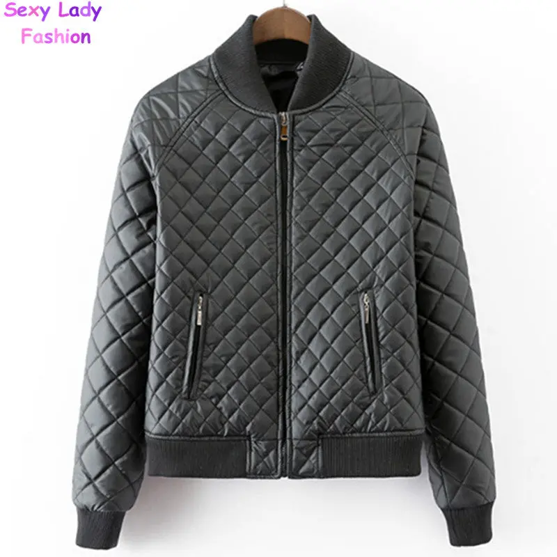 Quilting Plaid Bomber Quilted Jacket Zipper Pockets Long Sleeve Thick Padded Short Coat Pilots Outwear Tops Black White 3