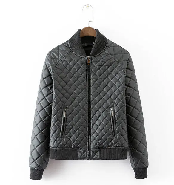 Quilting Plaid Bomber Quilted Jacket Zipper Pockets Long Sleeve Thick Padded Short Coat Pilots Outwear Tops Black White 6
