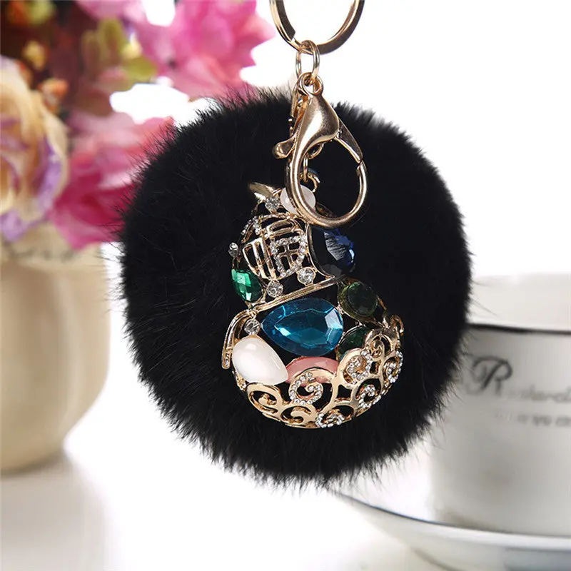 Rabbit Fur Ball Rhinestone Keychain Bag Plush Key Ring Car Key Pendant Feida 1