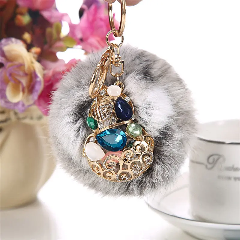 Rabbit Fur Ball Rhinestone Keychain Bag Plush Key Ring Car Key Pendant Feida 2