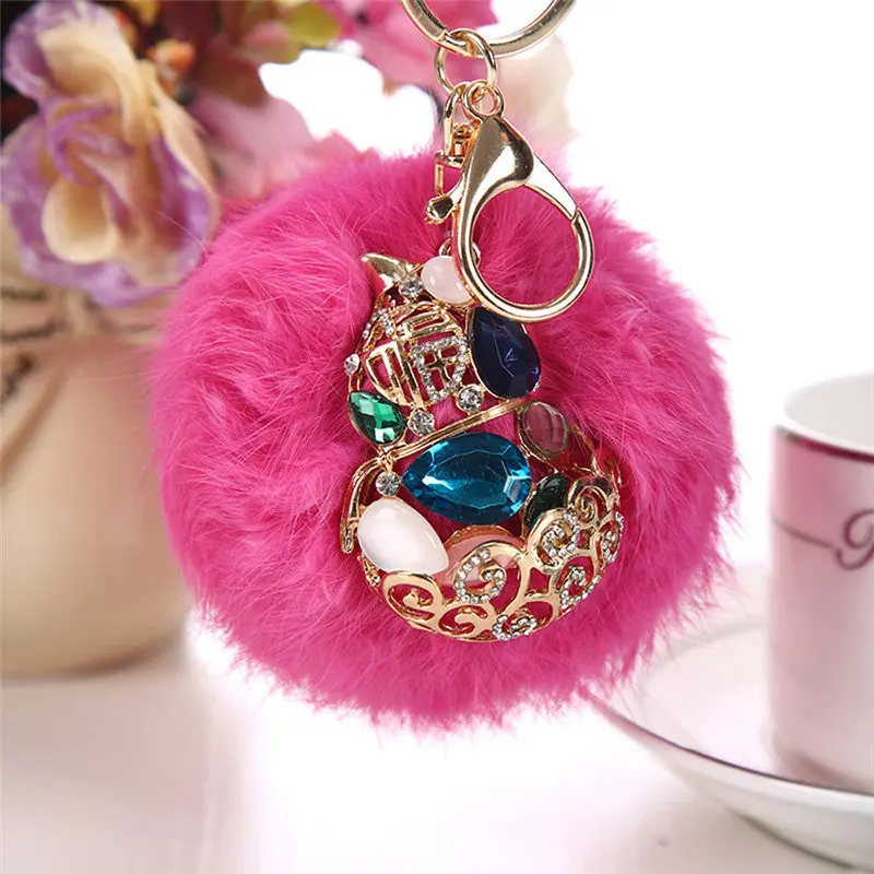 Rabbit Fur Ball Rhinestone Keychain Bag Plush Key Ring Car Key Pendant Feida 3