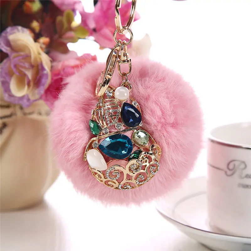 Rabbit Fur Ball Rhinestone Keychain Bag Plush Key Ring Car Key Pendant Feida 4