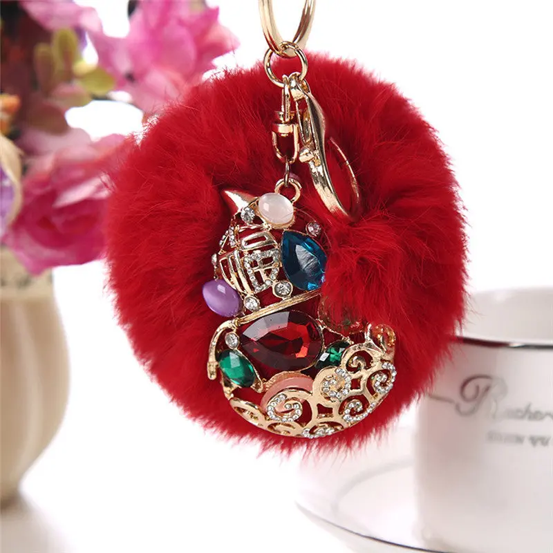 Rabbit Fur Ball Rhinestone Keychain Bag Plush Key Ring Car Key Pendant Feida 5