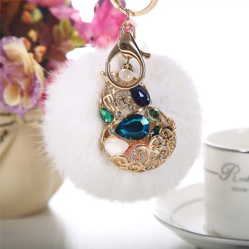 Rabbit Fur Ball Rhinestone Keychain Bag Plush Key Ring Car Key Pendant Feida 6