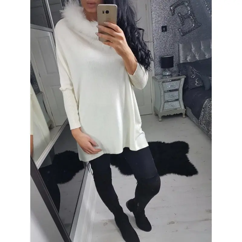 Rabbit Hair Trimmed O-Neck Mini Dress – Loose-Fit Festive Dress in Plus Sizes