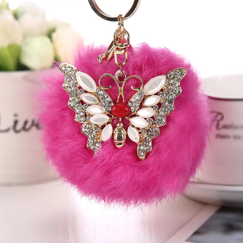 Real Fur Fluffy Rabbit Hair 9 Cm Pompom Ball Key Chain Car Strap Bag Charms For Gift1stl 5