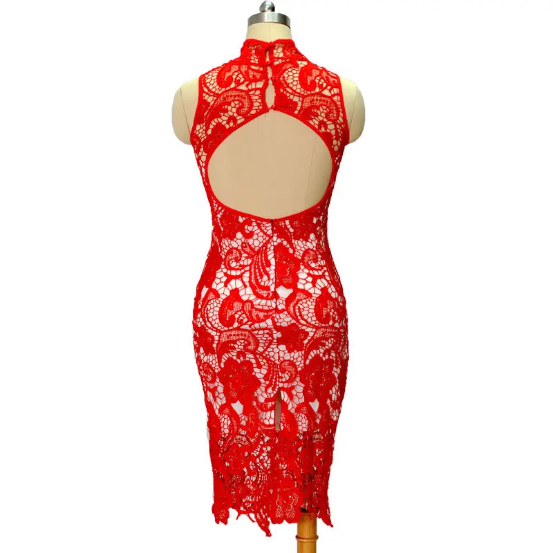 Red Lace Party Dress Sexy Back Open Bodycon Dress Women High Neck Off Shoulder Dresses For Women Hollow Out Club Dress 4