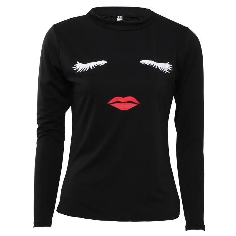 Red Lips Smiling Women T Shirt Sexy Slim Printed Top Tees Femm Black White Pink Casual Long Sleeve T Shirt Women Tops 1