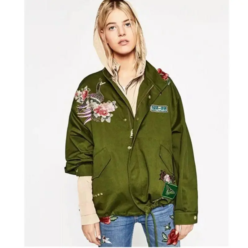 Red Rose Flower 3D Appliques Embroidery Pike Jacket Army Green 1