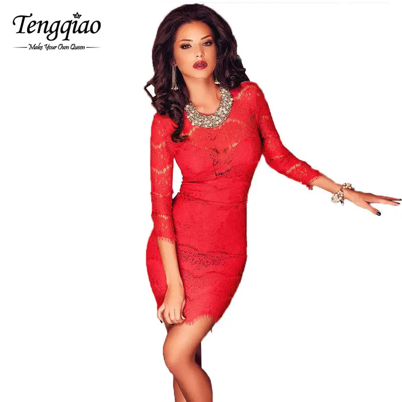 Red Sexy Short Party Dress Mini Tight Lace Bodycon Dress Three Quarter Formal Sexy Club Wear Dress 1