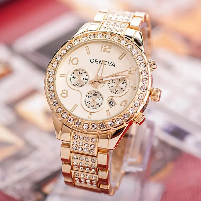 Relogio Feminino Date Day Clock Stainless Steel Watch Gold Lady Crystal Watch Quartz Clock Women Best Gift 1