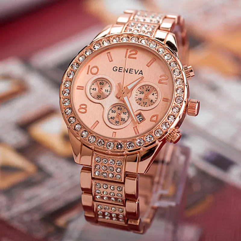 Relogio Feminino Date Day Clock Stainless Steel Watch Gold Lady Crystal Watch Quartz Clock Women Best Gift 2