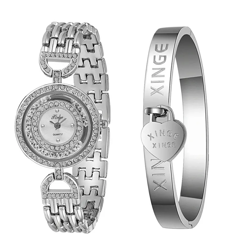 Relogio Feminino Luxury Watch Women Silver Rhinestone Love Bangle Watch And Bracelet Set 593S Feida 1