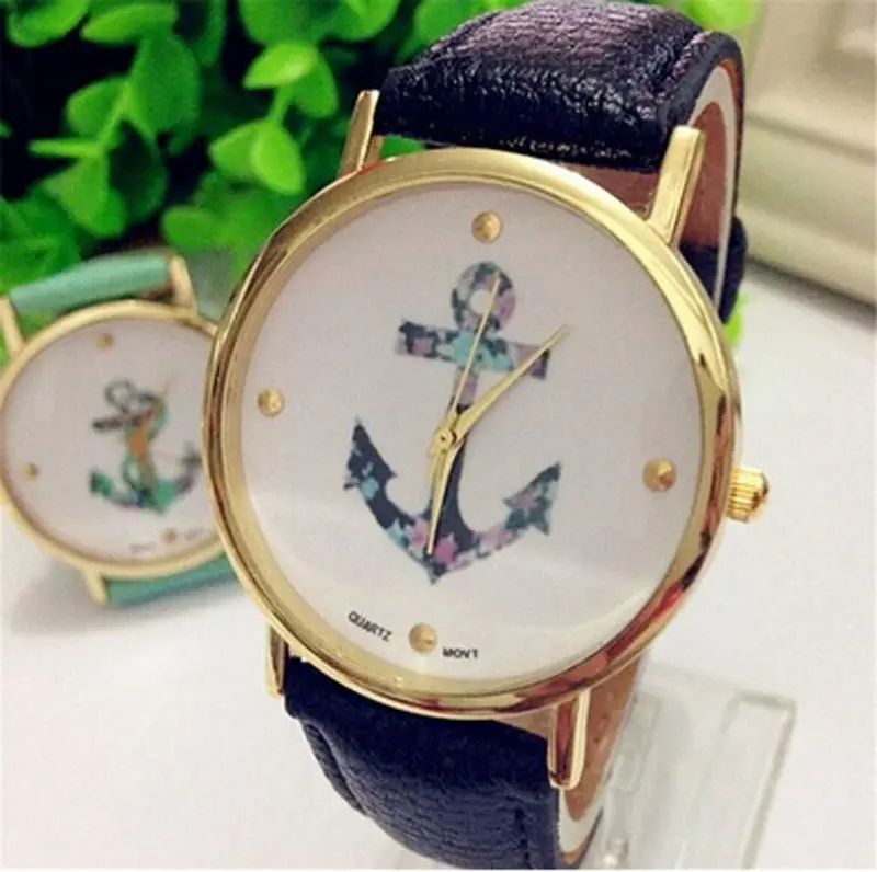 Relogio Feminino Women's Ladies Vintage Clock Flower Printed Watch Anchor Leather Quartz Watch Black 2