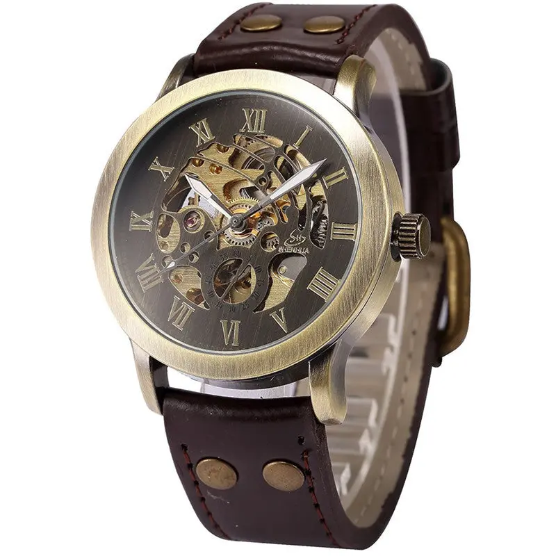 Relogio Masculino Steampunk Bronze Skeleton Self-Winding Auto Mechanical Leather Wrist Watch Mens Watches Top Luxury Feida 1