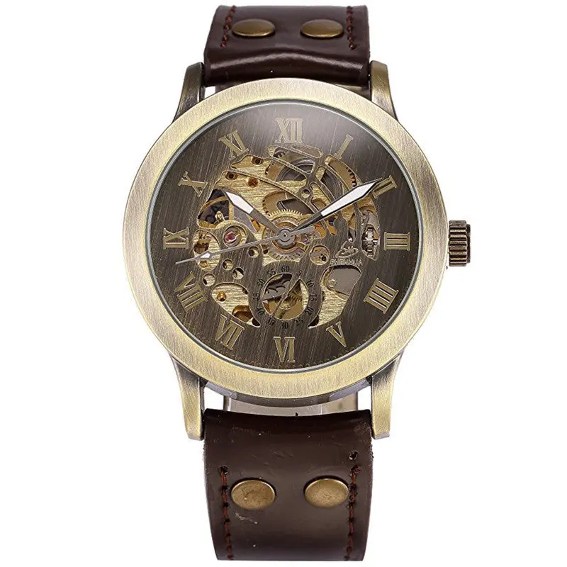 Relogio Masculino Steampunk Bronze Skeleton Self-Winding Auto Mechanical Leather Wrist Watch Mens Watches Top Luxury Feida 2
