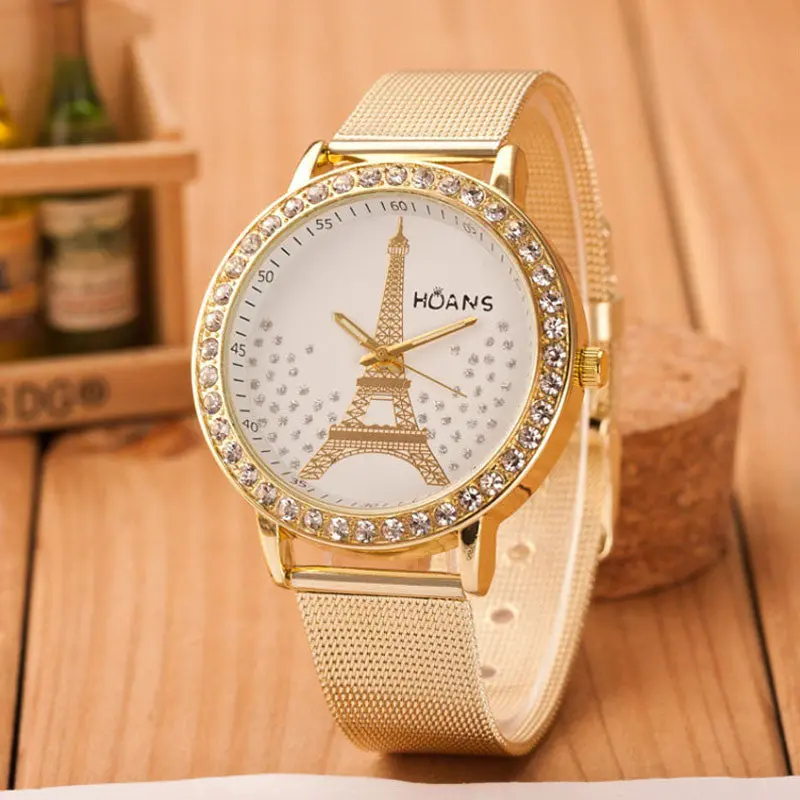 Relogio Watch Women Fresh Style Woman Wristwatch Lady Dress Crystal Tower Gold Stainless Steel Mesh Montre 2