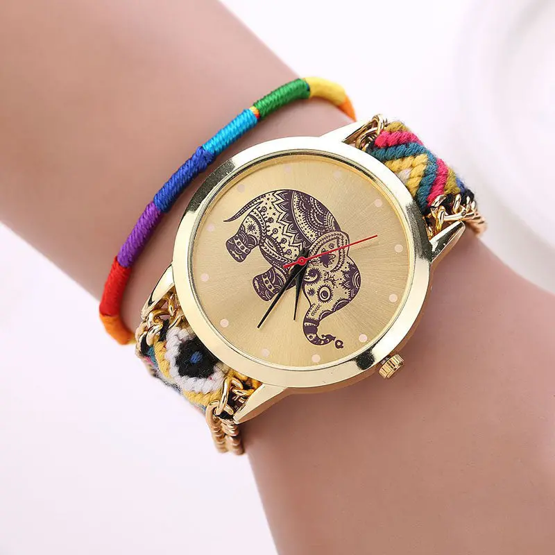 Relogio Women 8 Colors Women Girl Handmade Weaved Braided Prinnt Watch Elephant Bracelet Quarzt Clock Hours Reloj Relogio 1