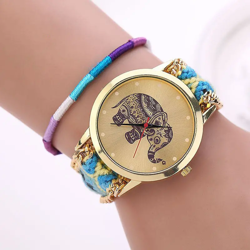 Relogio Women 8 Colors Women Girl Handmade Weaved Braided Prinnt Watch Elephant Bracelet Quarzt Clock Hours Reloj Relogio 2