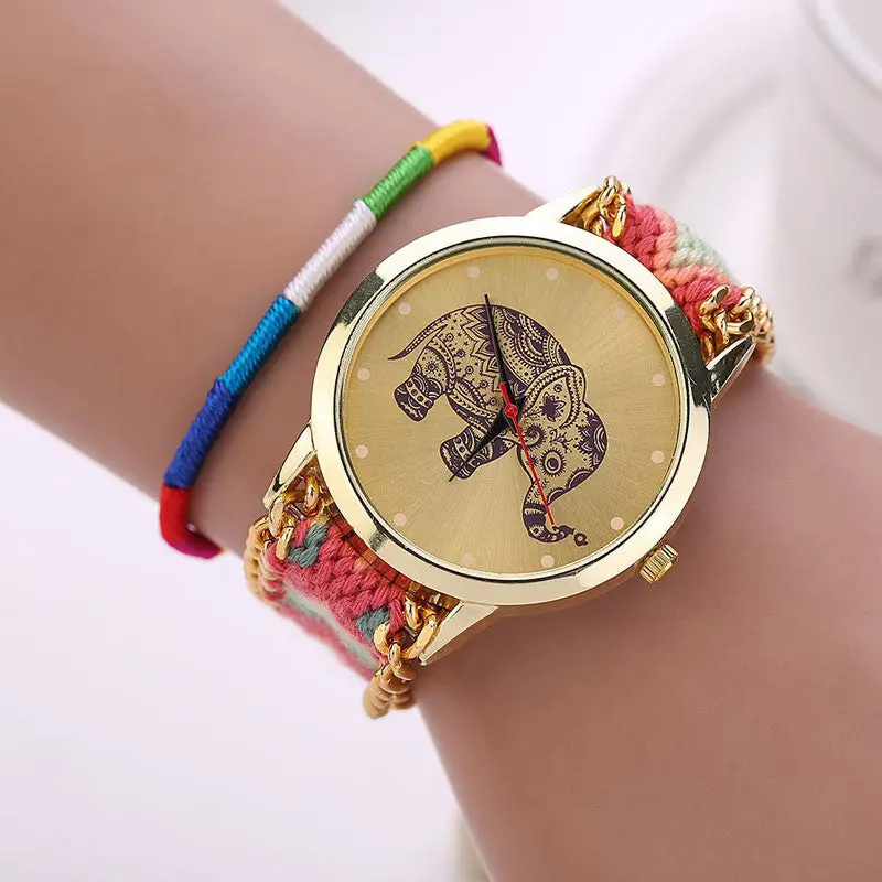 Relogio Women 8 Colors Women Girl Handmade Weaved Braided Prinnt Watch Elephant Bracelet Quarzt Clock Hours Reloj Relogio 5