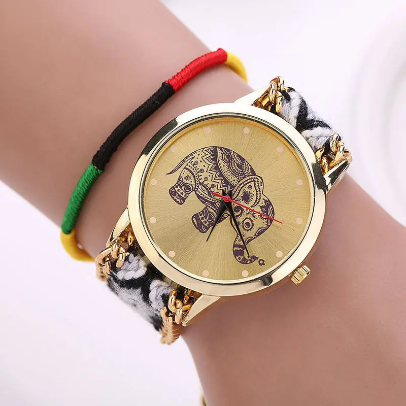 Relogio Women 8 Colors Women Girl Handmade Weaved Braided Prinnt Watch Elephant Bracelet Quarzt Clock Hours Reloj Relogio 7