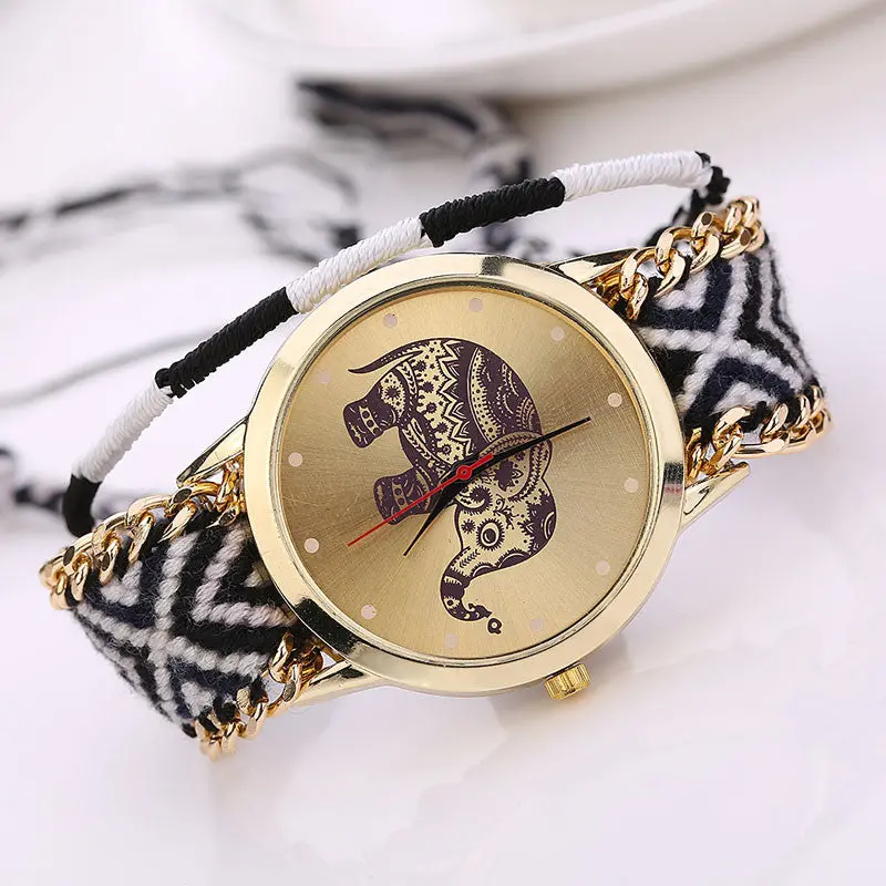 Relogio Women 8 Colors Women Girl Handmade Weaved Braided Prinnt Watch Elephant Bracelet Quarzt Clock Hours Reloj Relogio 8