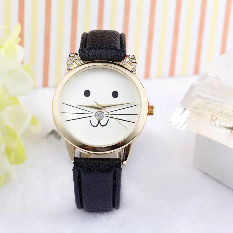 Reloj Crystal Girls Boys Watch Lovely Cats Face Faux Leather Quartz Watches Bracelet Hour Mujer Clock 2