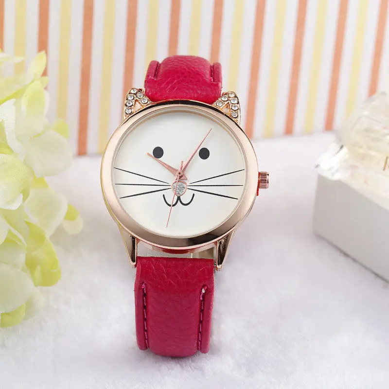 Reloj Crystal Girls Boys Watch Lovely Cats Face Faux Leather Quartz Watches Bracelet Hour Mujer Clock 4