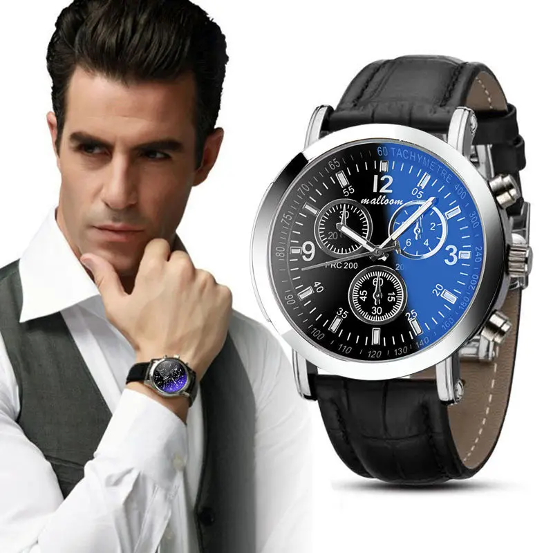Reloj Hombre Mens Watches Top Luxury Faux Leather Wrist Watches Blue Ray Glass Quartz Watch Relogio Masculino Clock Men 1
