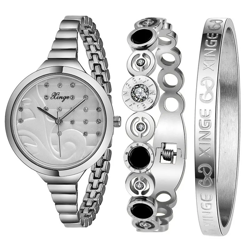 Reloj Mujer Women Watches Silver Rhinestone Love Bangle Watch And Bracelet Set Montre Feida 1