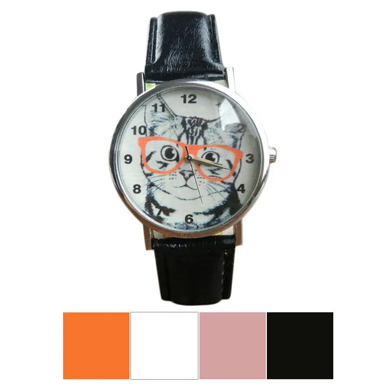 Reloj Top Cute Cat Pattern Women Men Watch Dress Clocks Leather Band Analog Quartz Vogue Relogio Mujer 1