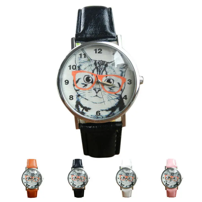 Reloj Top Cute Cat Pattern Women Men Watch Dress Clocks Leather Band Analog Quartz Vogue Relogio Mujer 2