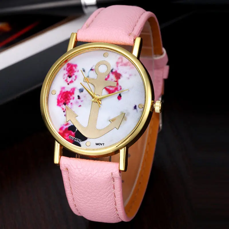 Reloj Vogue Women Watch Leather Floral Printed Watches Anchor Quartz Dress Wrist Watch Casual Mujer Relogio 1