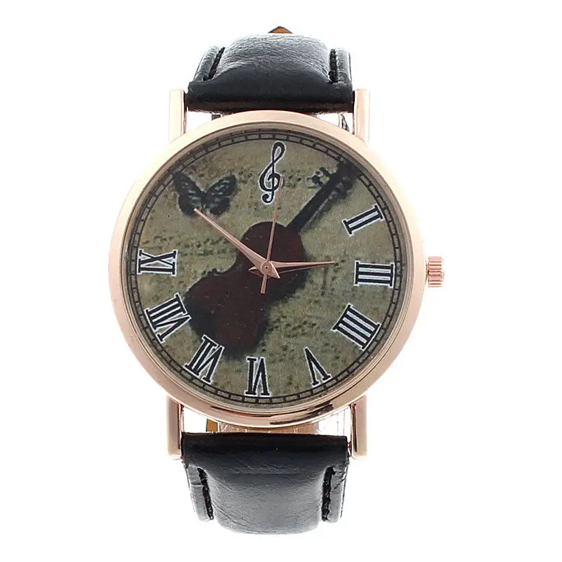 Reloj Women Men Watch Violin Pattern Print Faux Leather Hour Retro Analog Quartz Dial Relogio 1