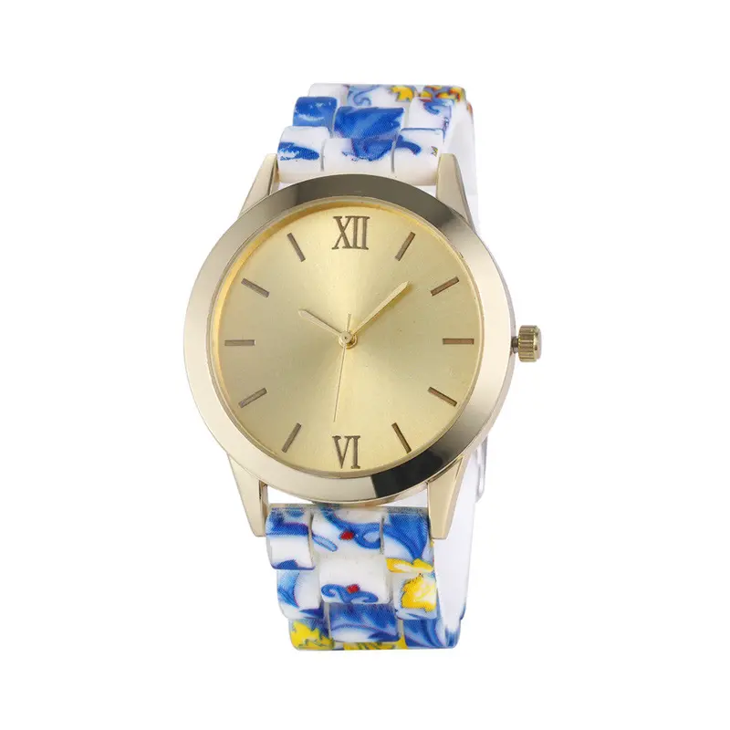 Reloj Women Silicone Band Bracelet Watch Flower Print Analog Quartz Wristwatch Casual Gold Relogio Mujer Girls Gift Hours 1