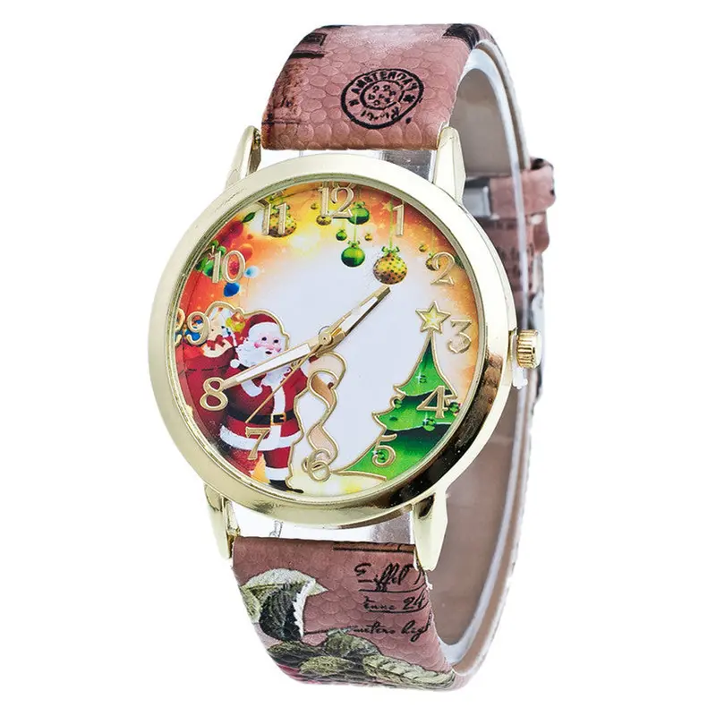 Relojes Mujer Christmas Elderly And Tree Pattern Leather Band Analog Quartz Wrist Watches Feida 2
