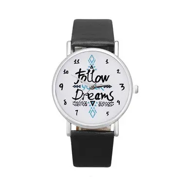 Relojes Mujer Women Follow Dreams Words Pattern Leather Watch Ladies Quartz Analog Clock Wrist Watch 2