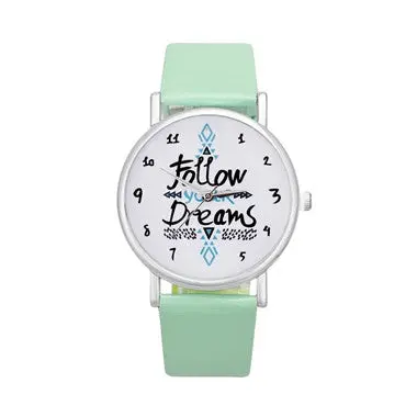 Relojes Mujer Women Follow Dreams Words Pattern Leather Watch Ladies Quartz Analog Clock Wrist Watch 3