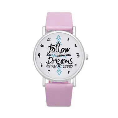 Relojes Mujer Women Follow Dreams Words Pattern Leather Watch Ladies Quartz Analog Clock Wrist Watch 4