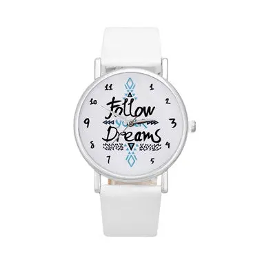 Relojes Mujer Women Follow Dreams Words Pattern Leather Watch Ladies Quartz Analog Clock Wrist Watch 5