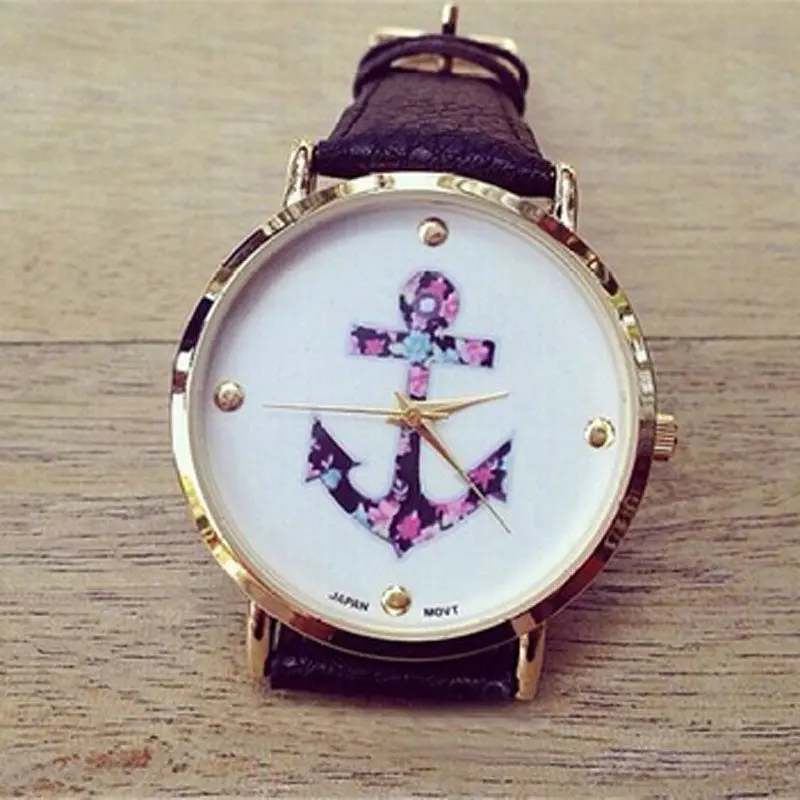 Relojes Mujer Women's Ladies Vintage Flower Watch Anchor Leather Quartz Watch Black Free Shpping & Feida 1