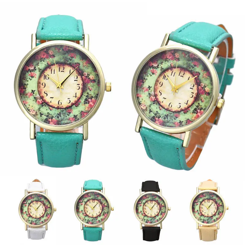 Relojes Women Floral Watch Print Women Leather Band Analog Quartz Dial Wristwatch Casual Clock 2