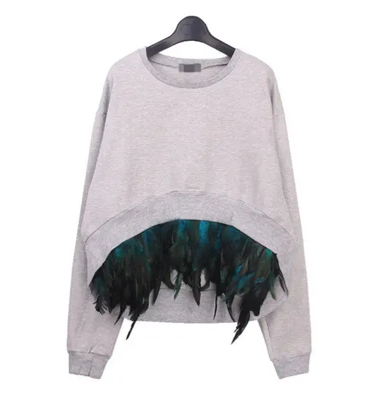 Removable Stitching Feather Hem Pullovers Sweatshirt Women Irregular Hem Long Sleeve Hoodies Sweats Jumpers Femme 3 Colors 1