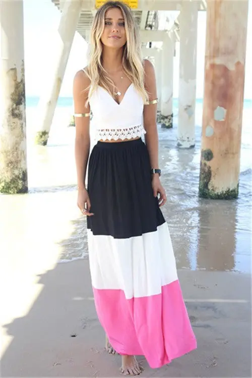 Retail Crop Top And Skirt Set Beach Sexy 2 Piece Set Women Lace Patchwork Crop Top + Multicolored Chiffon Long Skirt 1