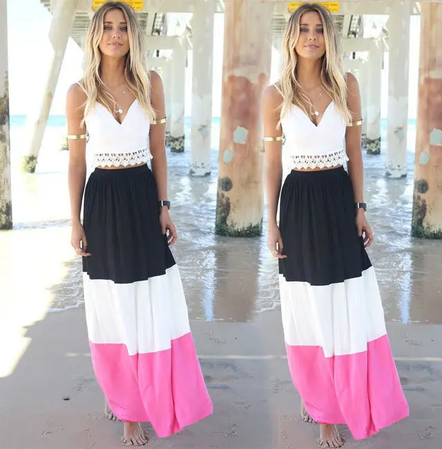 Retail Crop Top And Skirt Set Beach Sexy 2 Piece Set Women Lace Patchwork Crop Top + Multicolored Chiffon Long Skirt 2