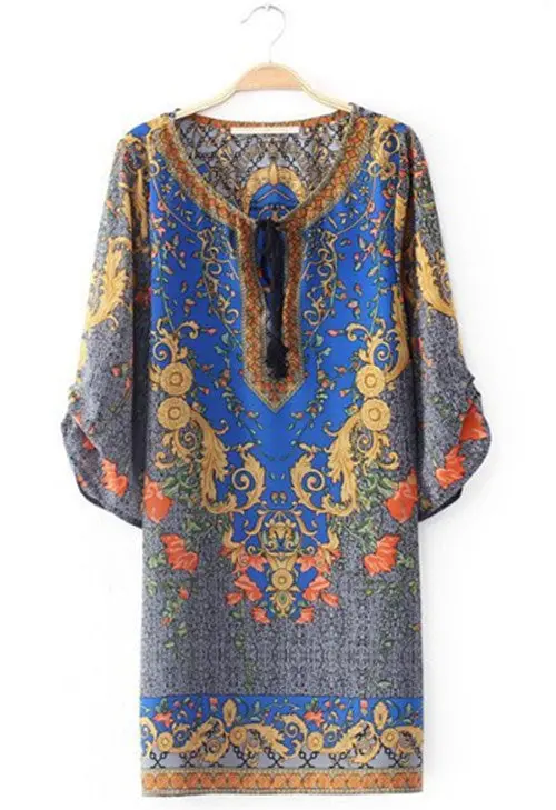 Retro Baroque Totem Paisley Floral Print Streamer V Neck 3/4 Sleeve Casual Shift Dress Women Short Dresses Tops Femme 1