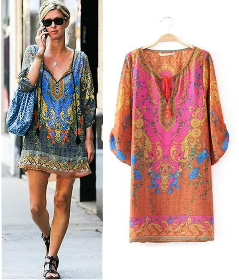 Retro Baroque Totem Paisley Floral Print Streamer V Neck 3/4 Sleeve Casual Shift Dress Women Short Dresses Tops Femme 3